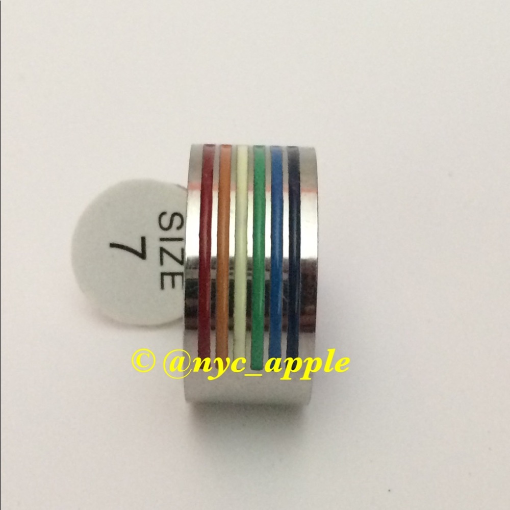 Stainless Steel Striped Rainbow Pride Ring - Picture 1 of 7